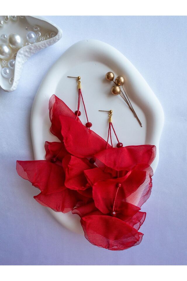 Kırmızı Tül Gelincik Üzeri Çin Kristali Detaylı Uzun Küpe