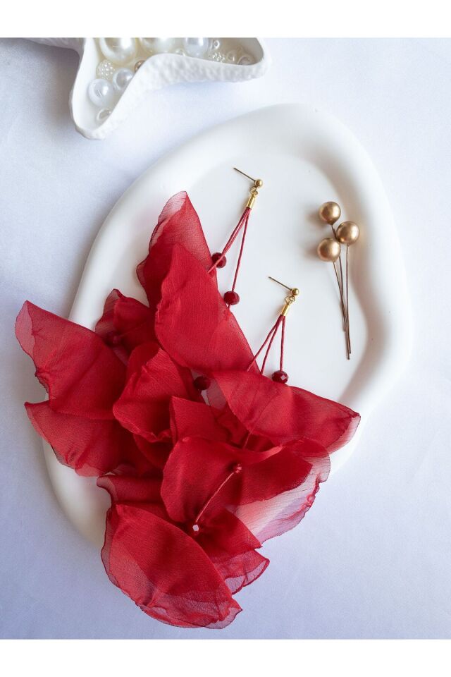 Kırmızı Tül Gelincik Üzeri Çin Kristali Detaylı Uzun Küpe