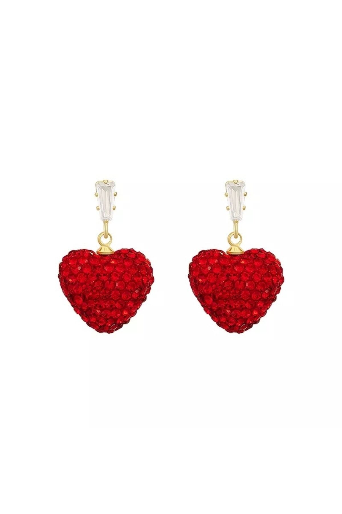 Kırmızı Kristal Taş Kaplı Mini Kalp Küpe