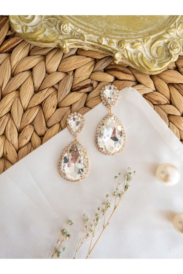 Beyaz Damla Kristal Queen Royal Küpe