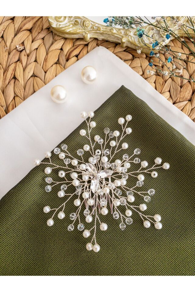 Incili Ve Kristal Cam Boncuklu Taraklı Gelin Tacı Saç Aksesuarı