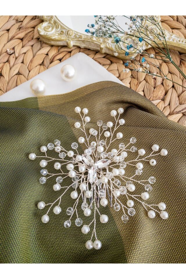 Incili Ve Kristal Cam Boncuklu Taraklı Gelin Tacı Saç Aksesuarı