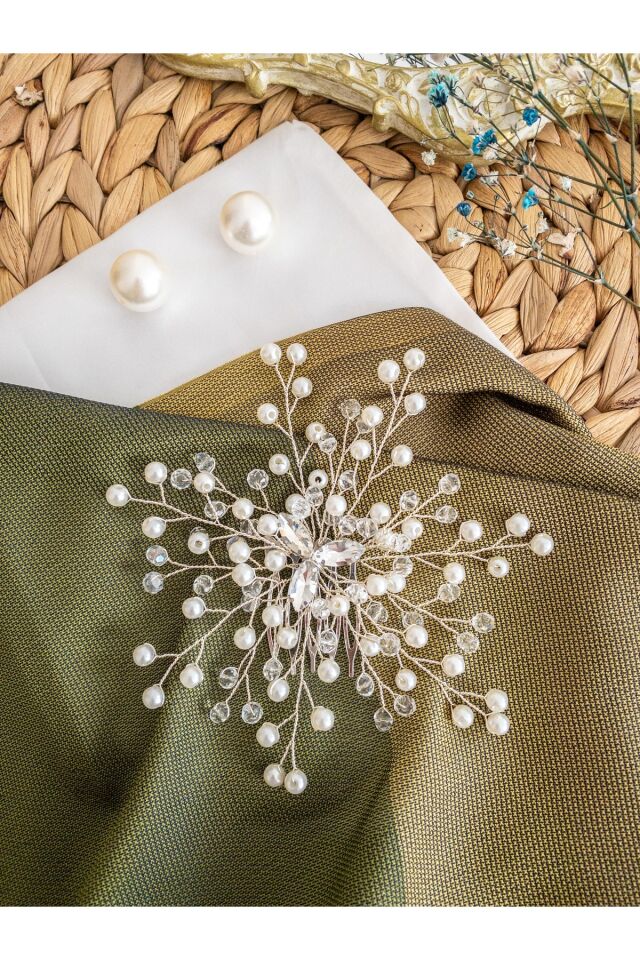 Incili Ve Kristal Cam Boncuklu Taraklı Gelin Tacı Saç Aksesuarı