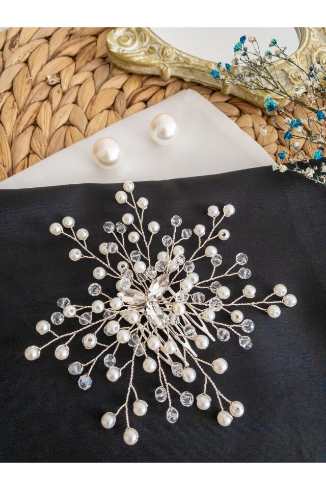 Incili Ve Kristal Cam Boncuklu Taraklı Gelin Tacı Saç Aksesuarı