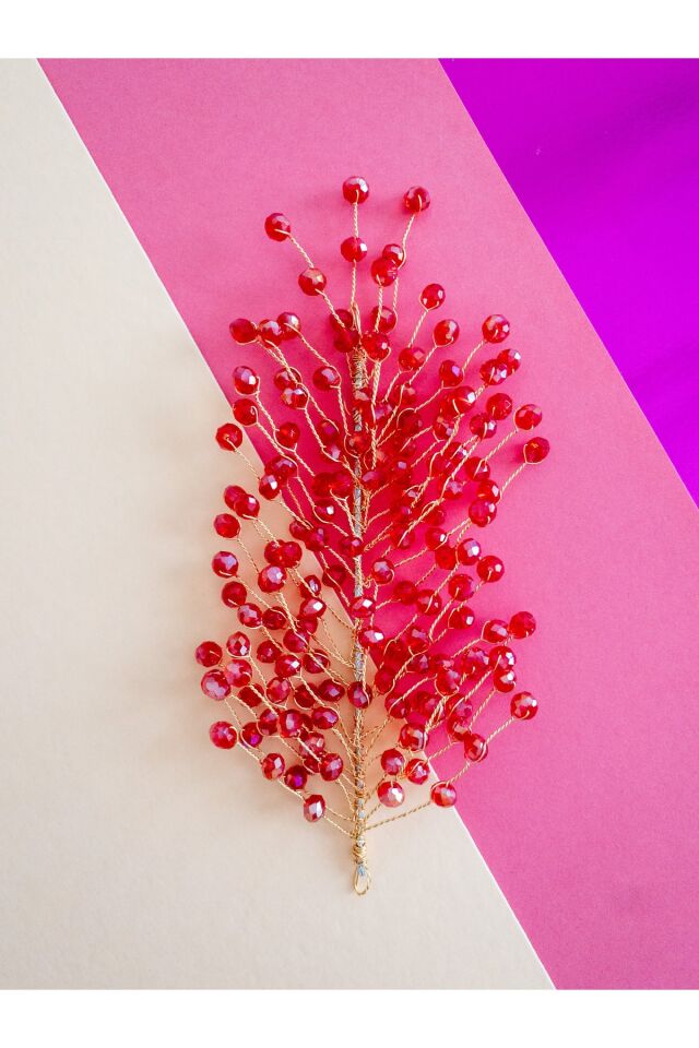 Kırmızı Mercan Kristal Cam Boncuk Gelin Tacı Saç Aksesuarı