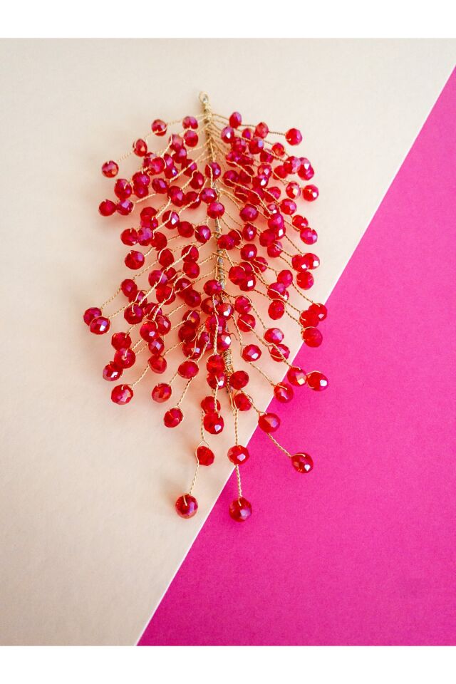 Kırmızı Mercan Kristal Cam Boncuk Gelin Tacı Saç Aksesuarı