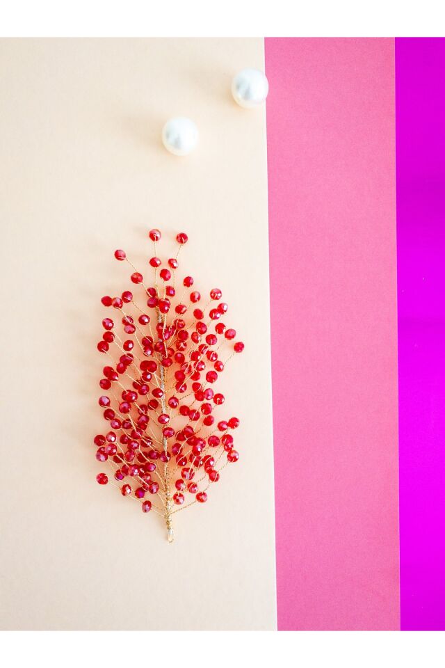 Kırmızı Mercan Kristal Cam Boncuk Gelin Tacı Saç Aksesuarı