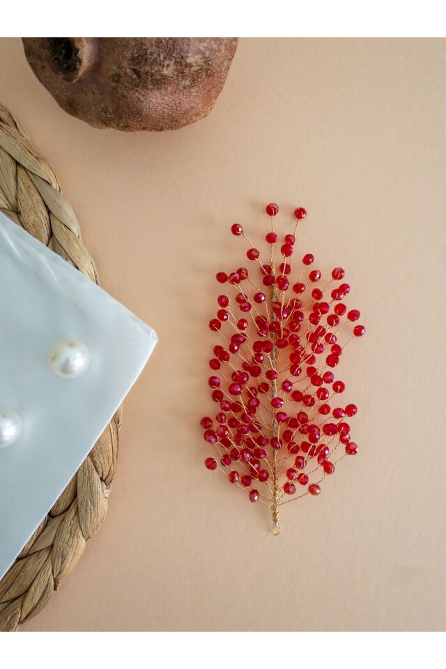 Kırmızı Mercan Kristal Cam Boncuk Gelin Tacı Saç Aksesuarı