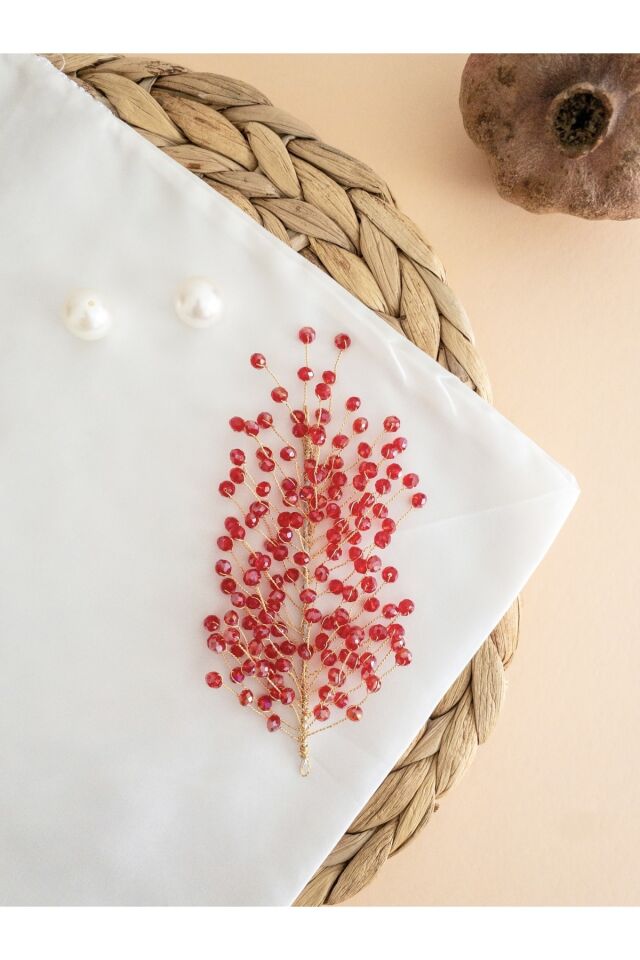 Kırmızı Mercan Kristal Cam Boncuk Gelin Tacı Saç Aksesuarı