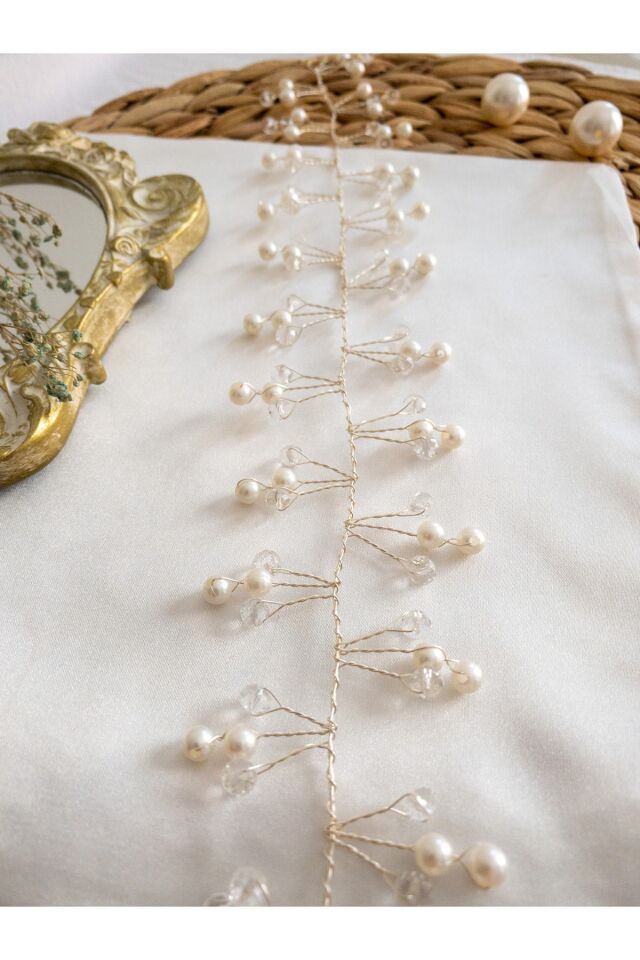 Beyaz Soft Pearl Inci ve Kristal Cam Boncuk Gelin Tacı Saç Aksesuarı