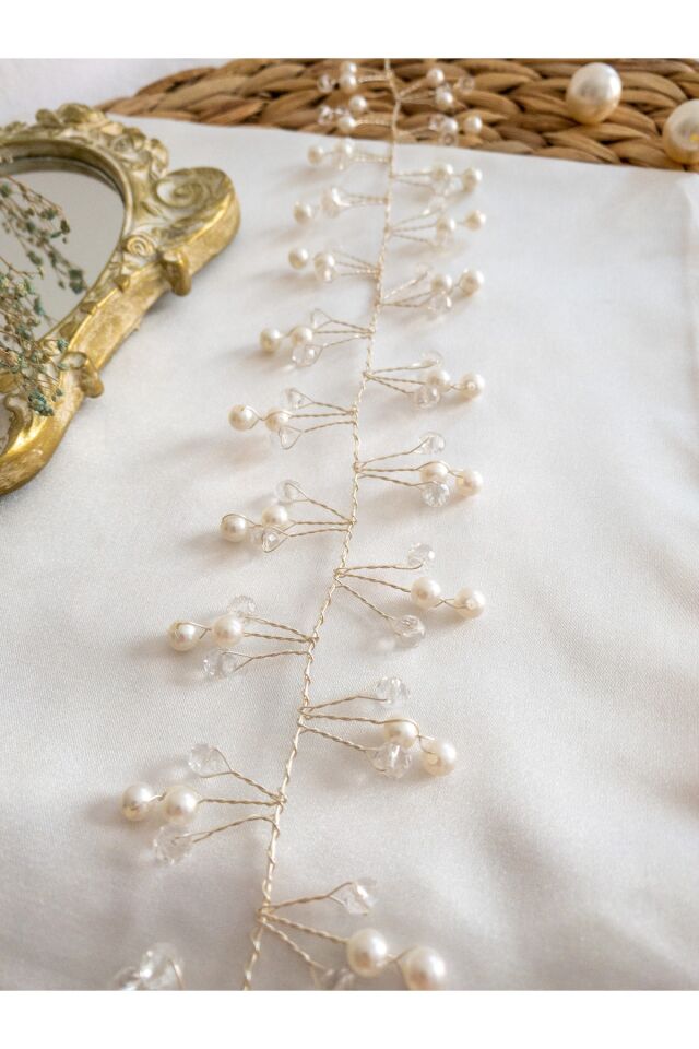 Beyaz Soft Pearl Inci ve Kristal Cam Boncuk Gelin Tacı Saç Aksesuarı