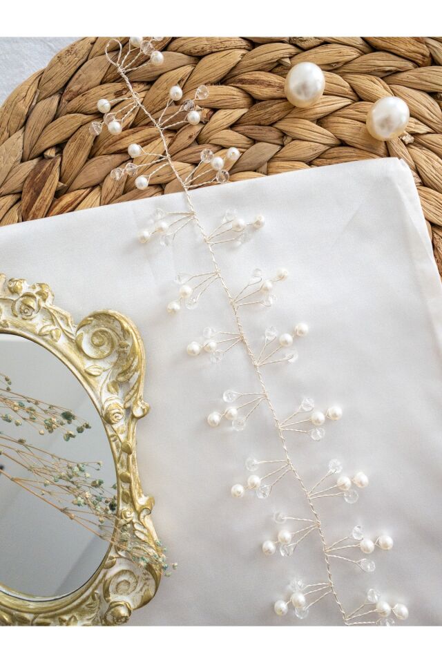 Beyaz Soft Pearl Inci ve Kristal Cam Boncuk Gelin Tacı Saç Aksesuarı