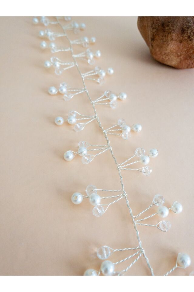 Beyaz Soft Pearl Inci ve Kristal Cam Boncuk Gelin Tacı Saç Aksesuarı