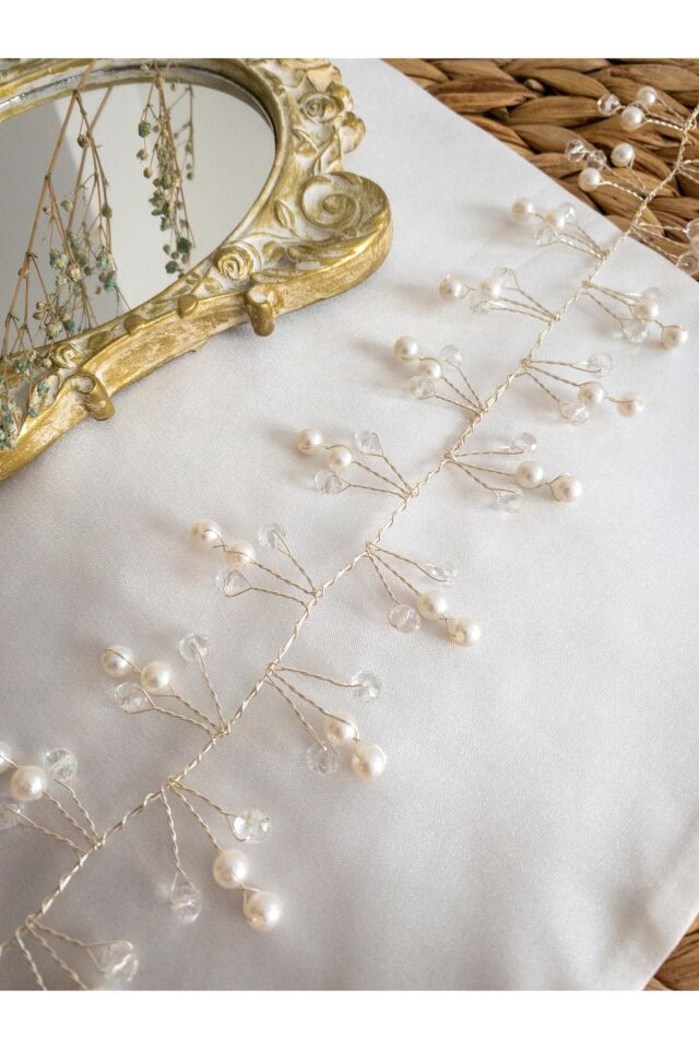 Beyaz Soft Pearl Inci ve Kristal Cam Boncuk Gelin Tacı Saç Aksesuarı