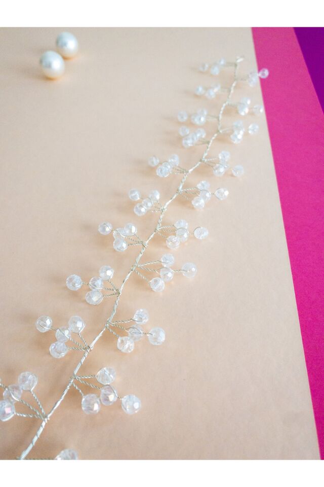 Beyaz Kristal Cam Boncuk Gelin Tacı Saç Aksesuarı