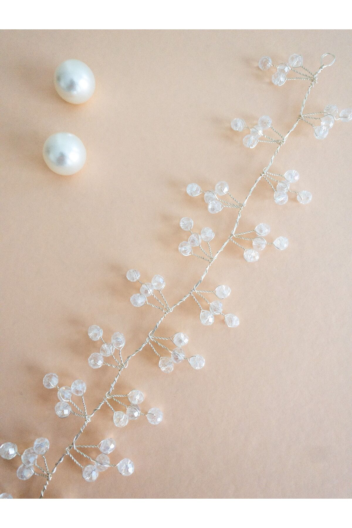 Beyaz Kristal Cam Boncuk Gelin Tacı Saç Aksesuarı