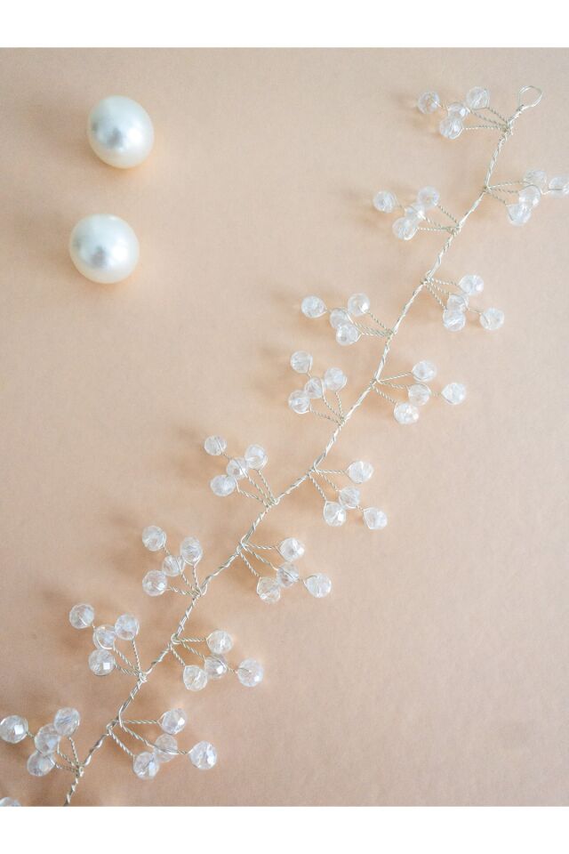 Beyaz Kristal Cam Boncuk Gelin Tacı Saç Aksesuarı