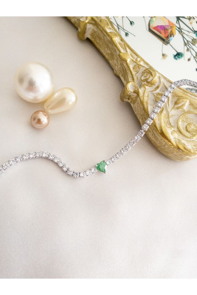 Yeşil Topaz Kalp Zirkon Taşlı Su Yolu Bileklik