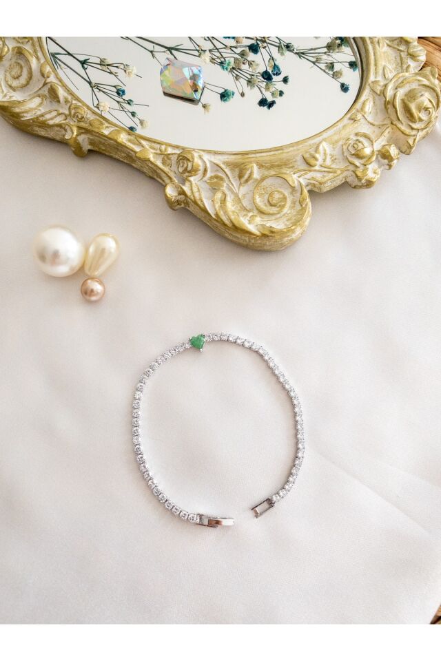 Yeşil Topaz Kalp Zirkon Taşlı Su Yolu Bileklik