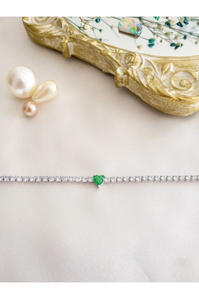 Yeşil Topaz Kalp Zirkon Taşlı Su Yolu Bileklik