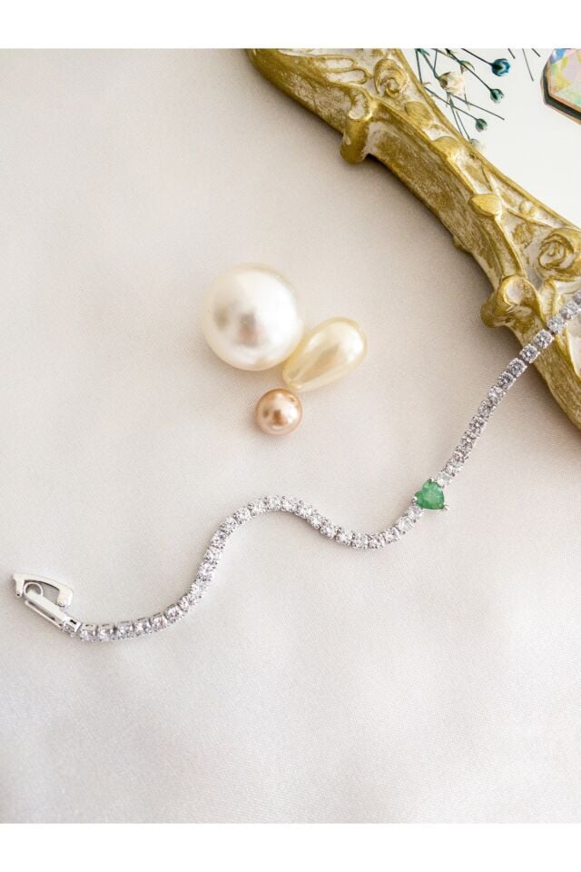 Yeşil Topaz Kalp Zirkon Taşlı Su Yolu Bileklik