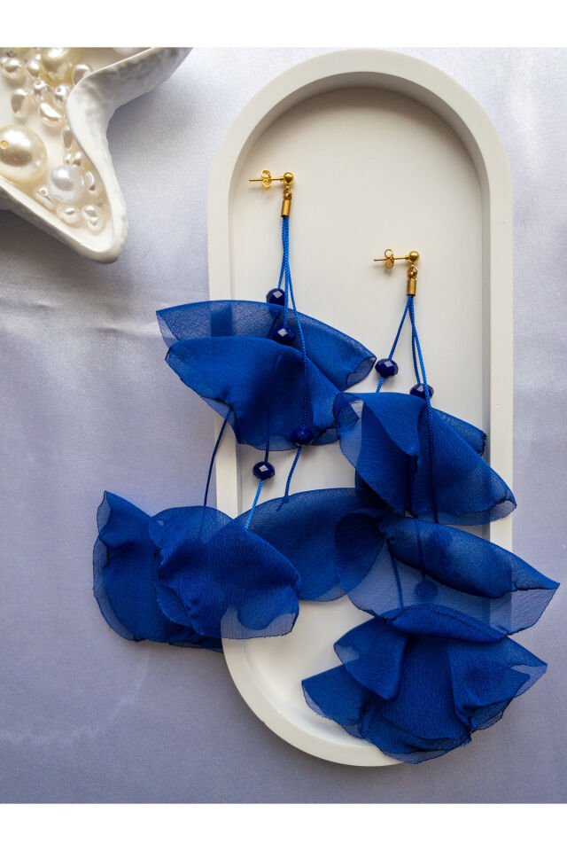 Parlement Mavisi Tül Gelincik Üzeri Çin Kristali Detaylı Uzun Küpe