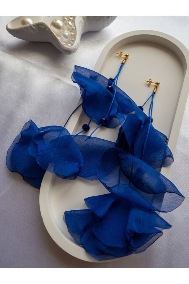 Parlement Mavisi Tül Gelincik Üzeri Çin Kristali Detaylı Uzun Küpe