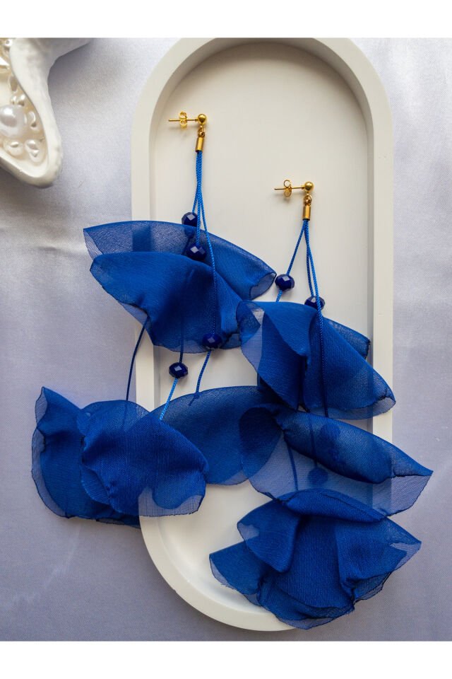 Parlement Mavisi Tül Gelincik Üzeri Çin Kristali Detaylı Uzun Küpe