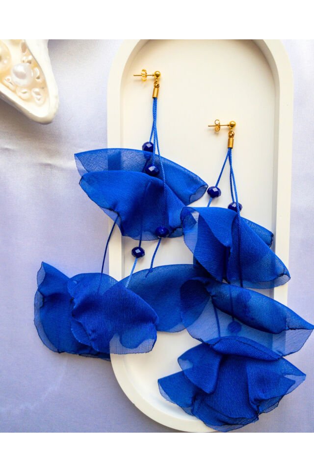 Parlement Mavisi Tül Gelincik Üzeri Çin Kristali Detaylı Uzun Küpe