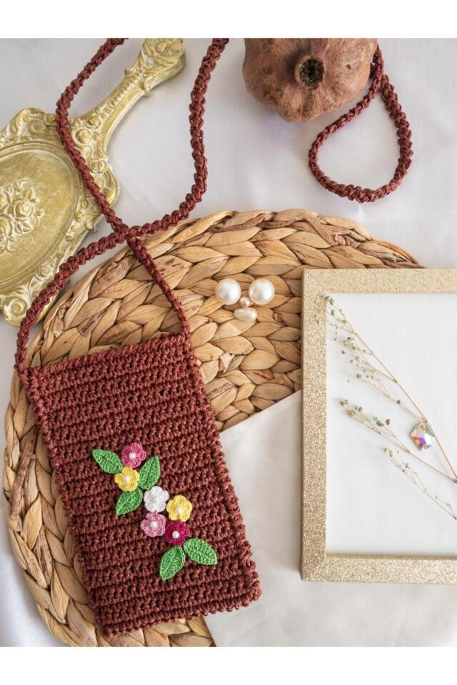Özel Tasarım Çiçek Detaylı Bordo Kağıt Ip Örgü Mini Çanta/su Taşıma Çantası