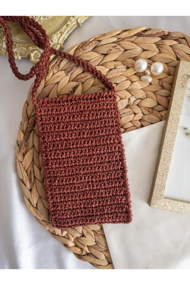 Özel Tasarım Çiçek Detaylı Bordo Kağıt Ip Örgü Mini Çanta/su Taşıma Çantası