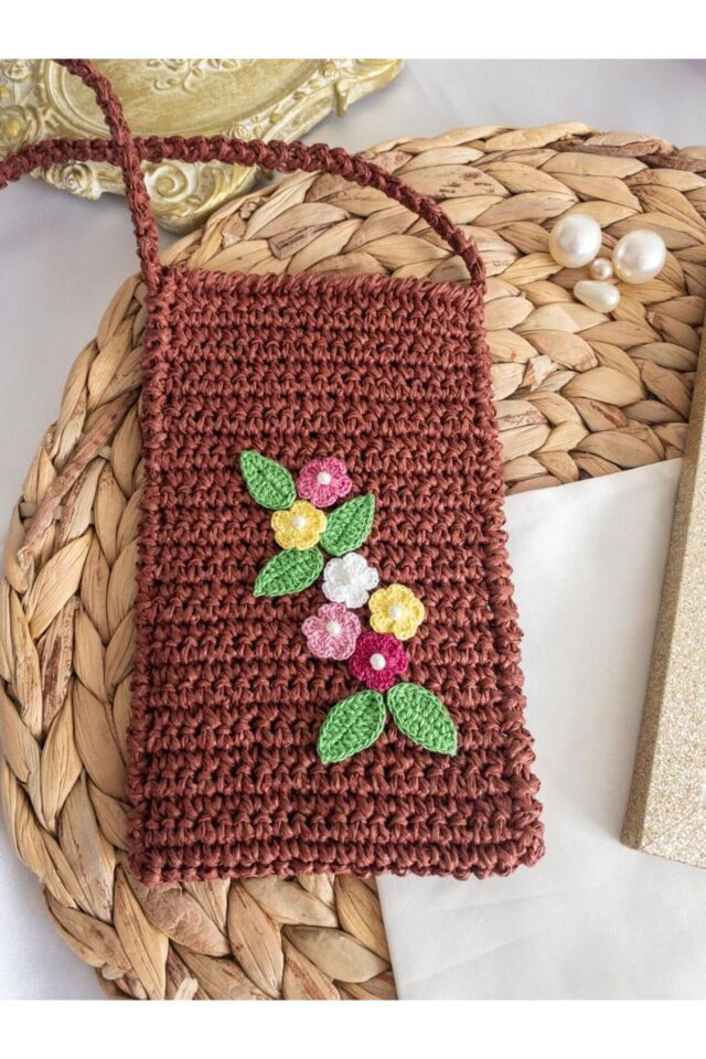Özel Tasarım Çiçek Detaylı Bordo Kağıt Ip Örgü Mini Çanta/su Taşıma Çantası