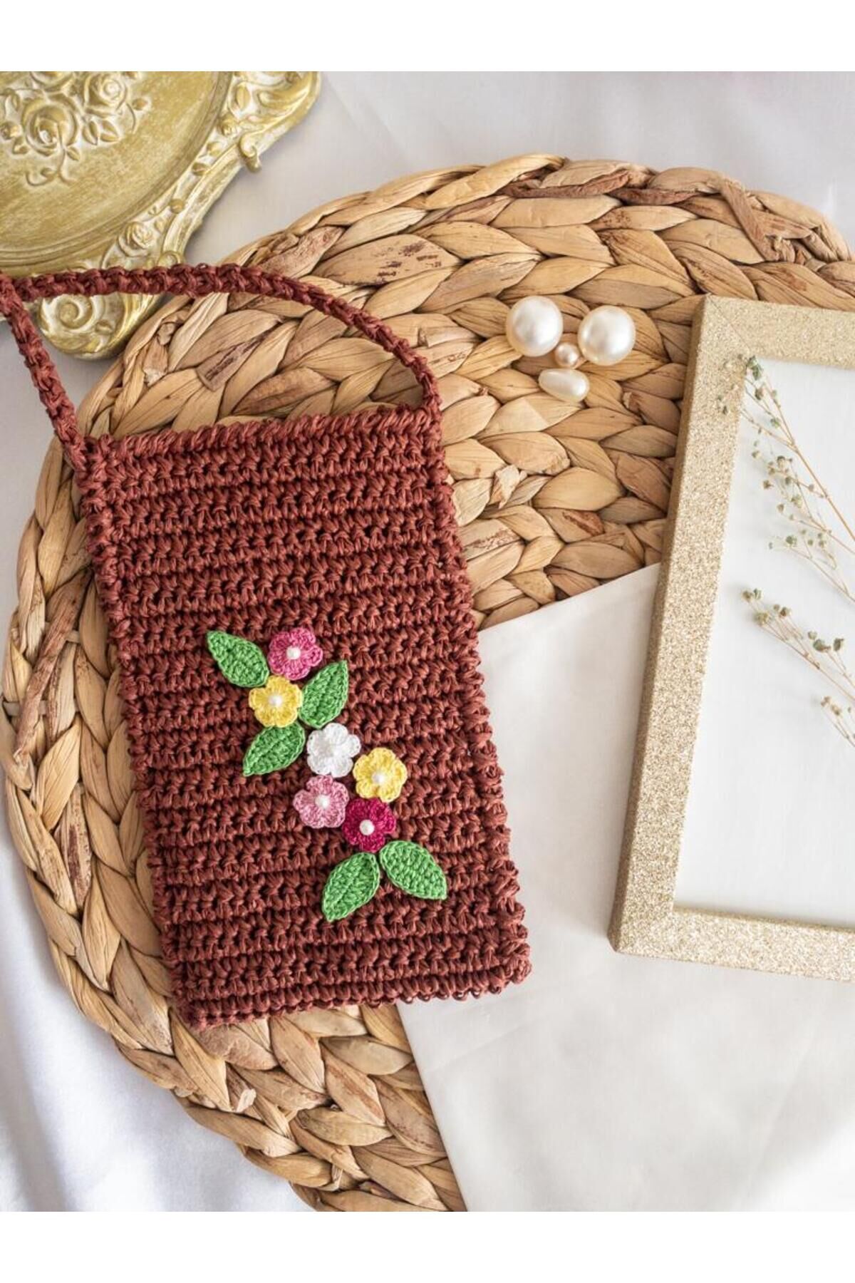 Özel Tasarım Çiçek Detaylı Bordo Kağıt Ip Örgü Mini Çanta/su Taşıma Çantası