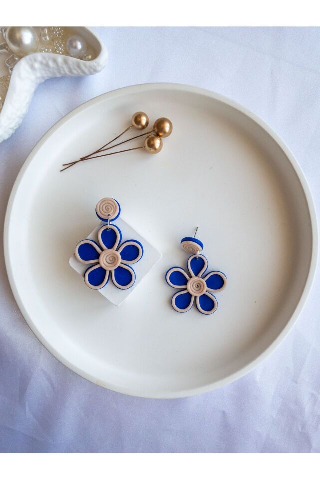 Mavi Çiçek Küpe – El Yapımı Polimer Kil – Çelik Çivi – Antialerjik – Hediyelik Takı