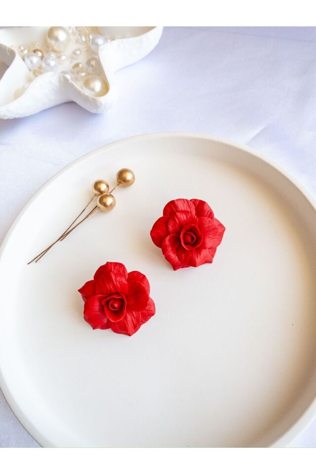 BeuBella Kırmızı Gül El Yapımı Polimer Kil Küpe – Altın Kaplama Kancalı, Antialerjik, Hediye Kutulu