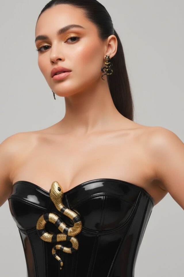 El Yapımı Yılan Küpe – Siyah Gold Polimer Kil, Yıldız Başlıklı, Antialerjik, Hediye Kutulu