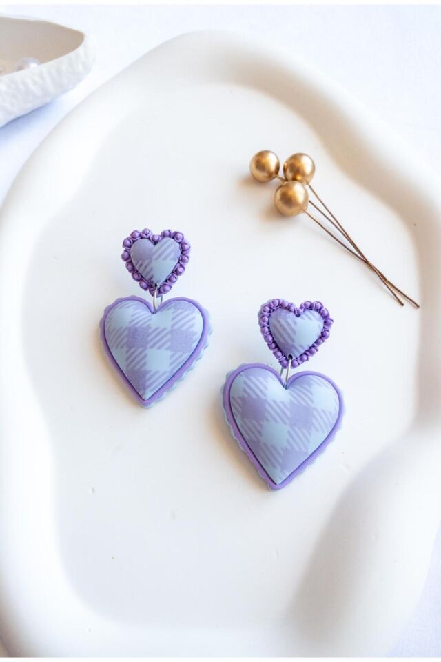 Pastel Ekose Kalpli Küpe – El Yapımı – Polimer Kil – Antialerjik Çelik