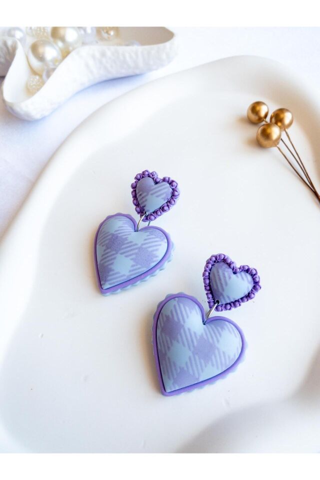 Pastel Ekose Kalpli Küpe – El Yapımı – Polimer Kil – Antialerjik Çelik