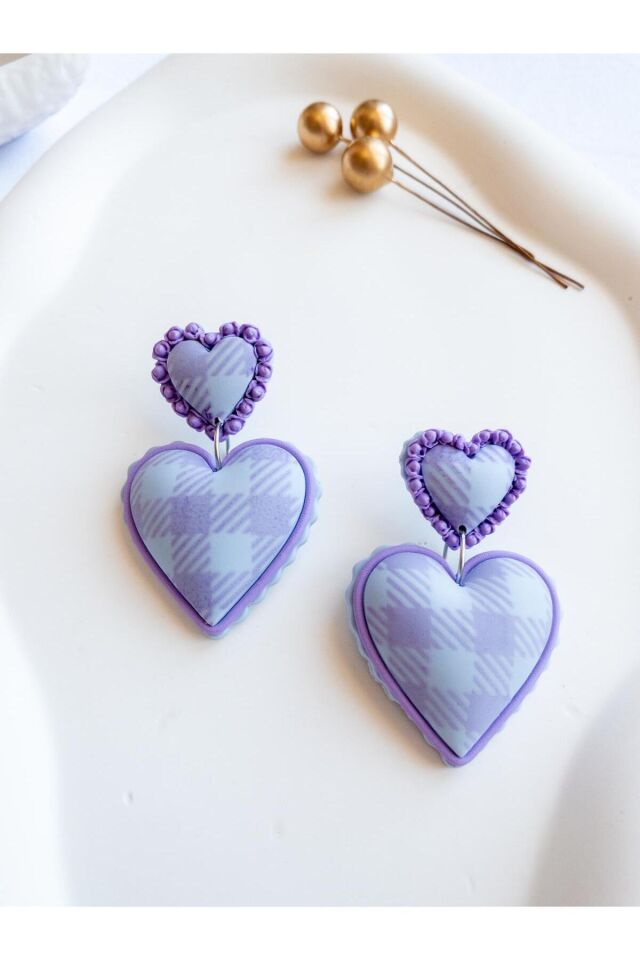 Pastel Ekose Kalpli Küpe – El Yapımı – Polimer Kil – Antialerjik Çelik