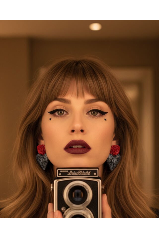 BeuBella Koyu Gri Dantelli Siyah Kalp Küpe – Kırmızı Gül Detaylı El Yapımı – Antialerjik Çelik