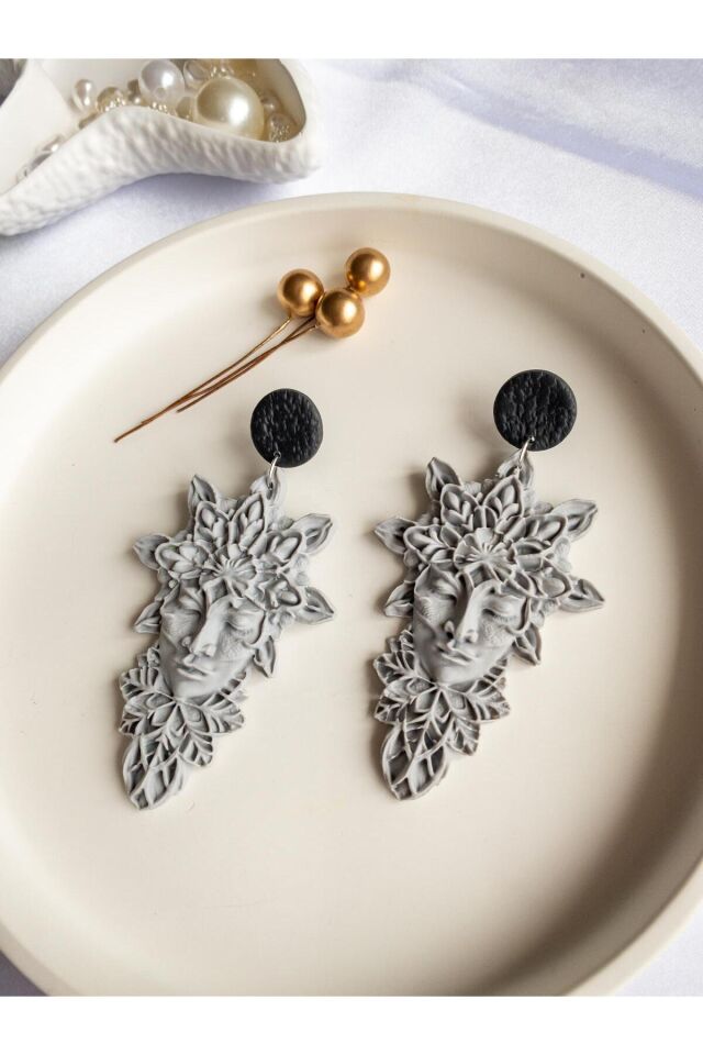 BeuBella Moonstone Muse Gri Polimer Kil Küpe – El Yapımı Hafif Tasarım – Çelik Antialerjik Çivi