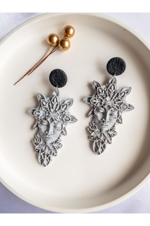 BeuBella Moonstone Muse Gri Polimer Kil Küpe – El Yapımı Hafif Tasarım – Çelik Antialerjik Çivi