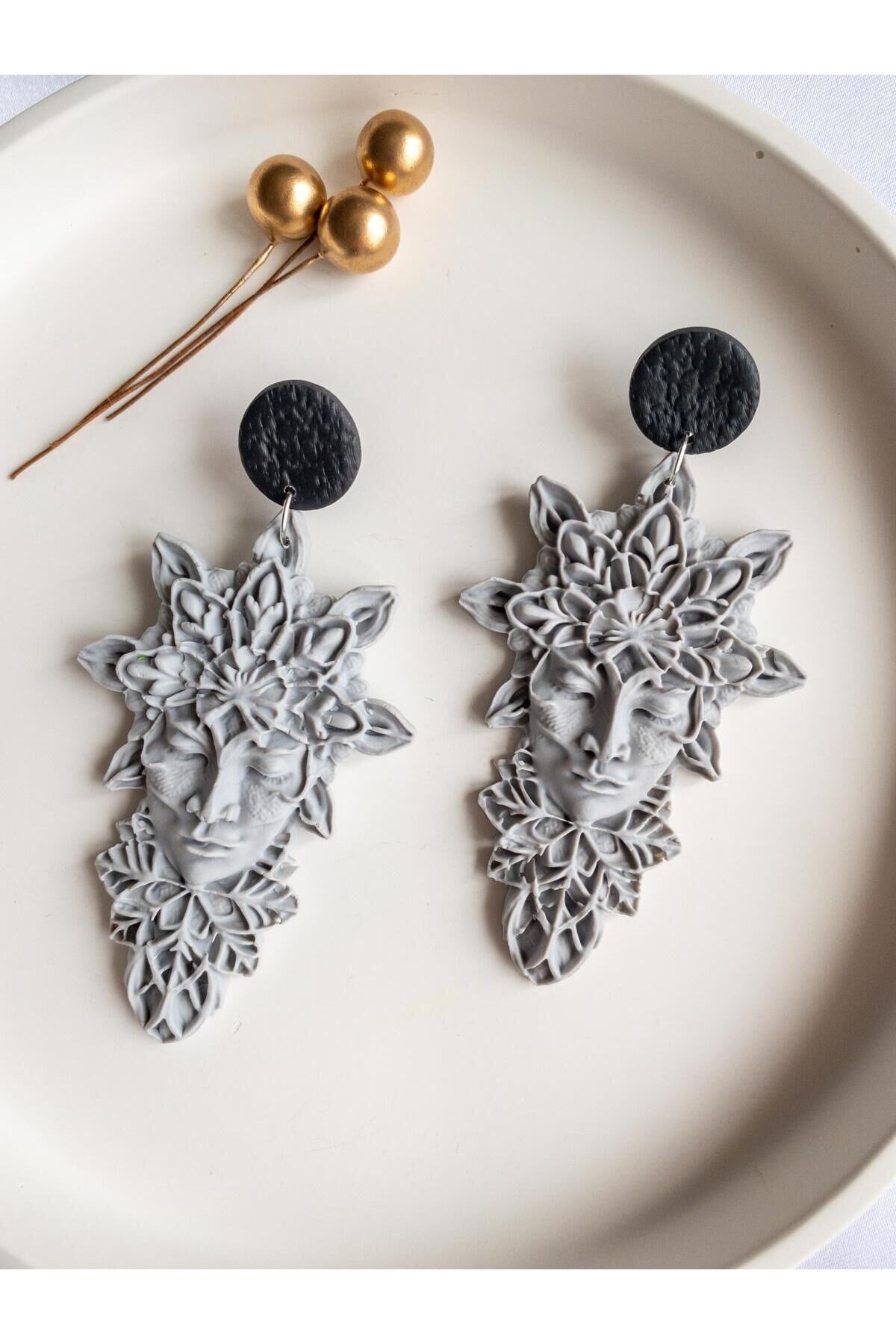 BeuBella Moonstone Muse Gri Polimer Kil Küpe – El Yapımı Hafif Tasarım – Çelik Antialerjik Çivi