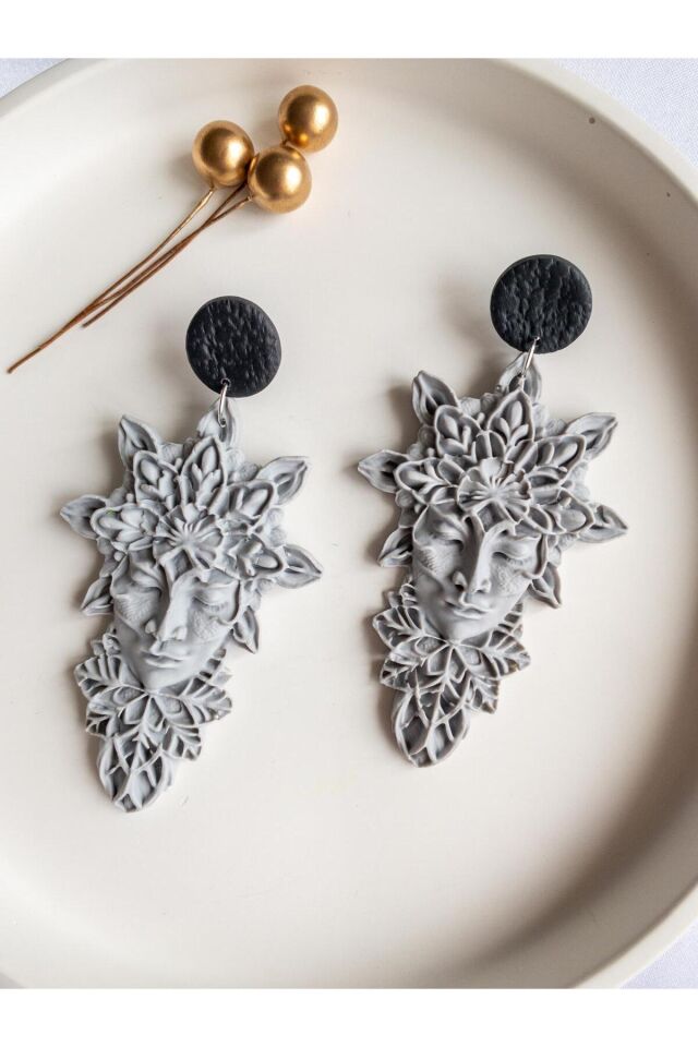 BeuBella Moonstone Muse Gri Polimer Kil Küpe – El Yapımı Hafif Tasarım – Çelik Antialerjik Çivi