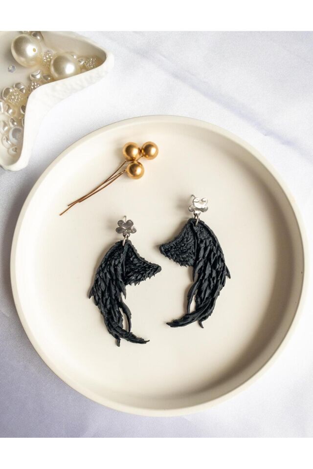 BeuBella Midnight Wings Siyah Melek Kanadı Küpe – El Yapımı Tasarım – Çelik Antialerjik Çivi