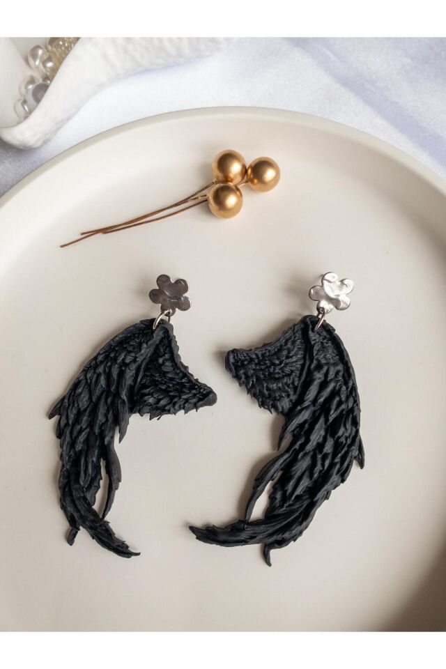 BeuBella Midnight Wings Siyah Melek Kanadı Küpe – El Yapımı Tasarım – Çelik Antialerjik Çivi