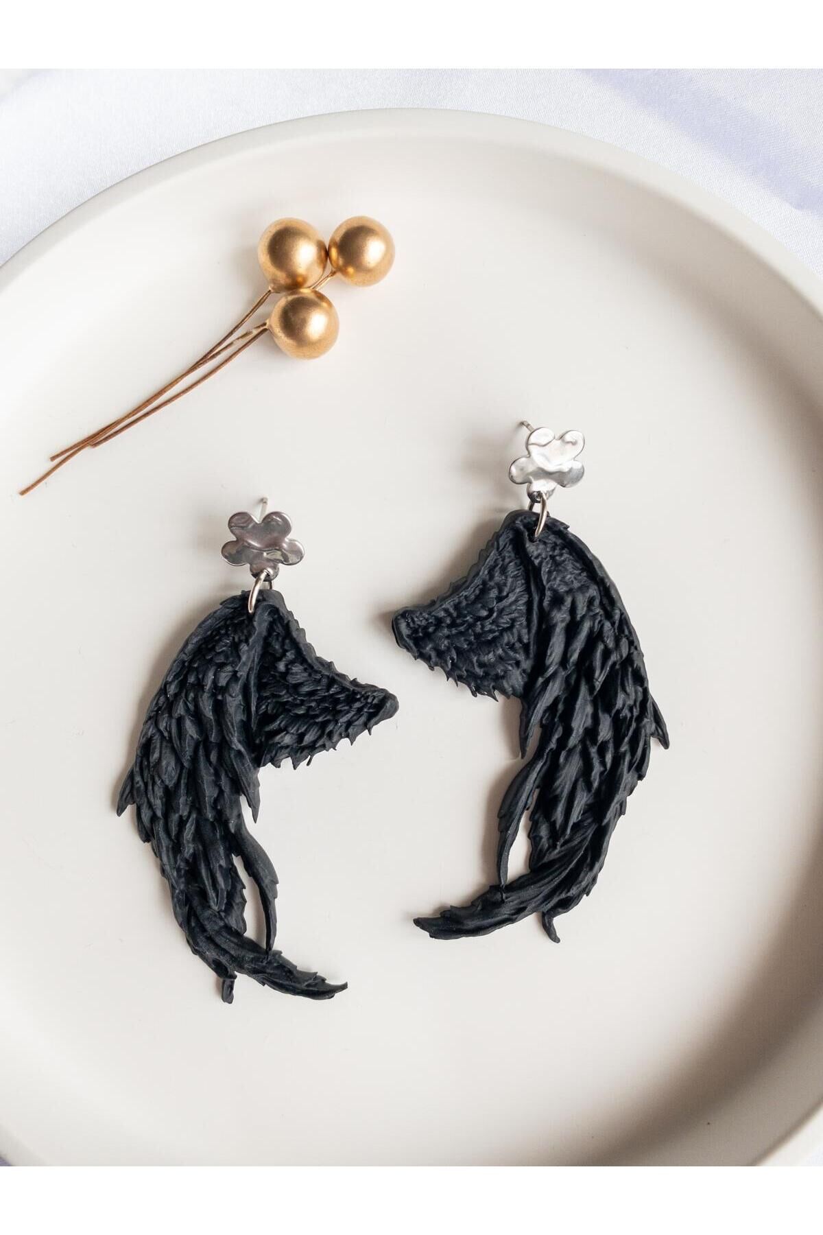 BeuBella Midnight Wings Siyah Melek Kanadı Küpe – El Yapımı Tasarım – Çelik Antialerjik Çivi