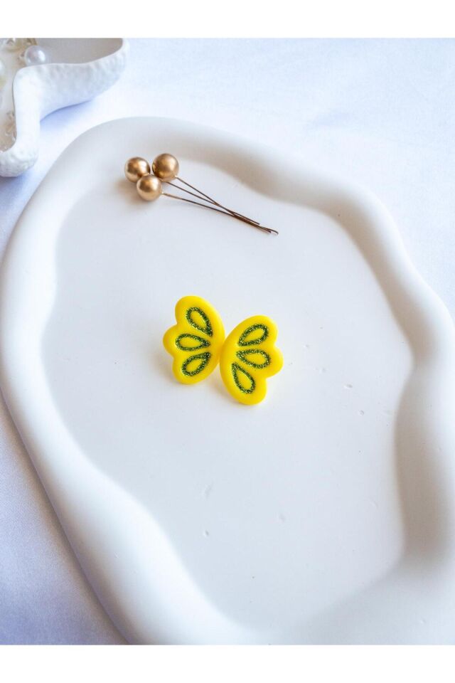 Sarı Kanat Küpe – El Yapımı Polimer Kil – Simli Yeşil Desenli Modern Küpe