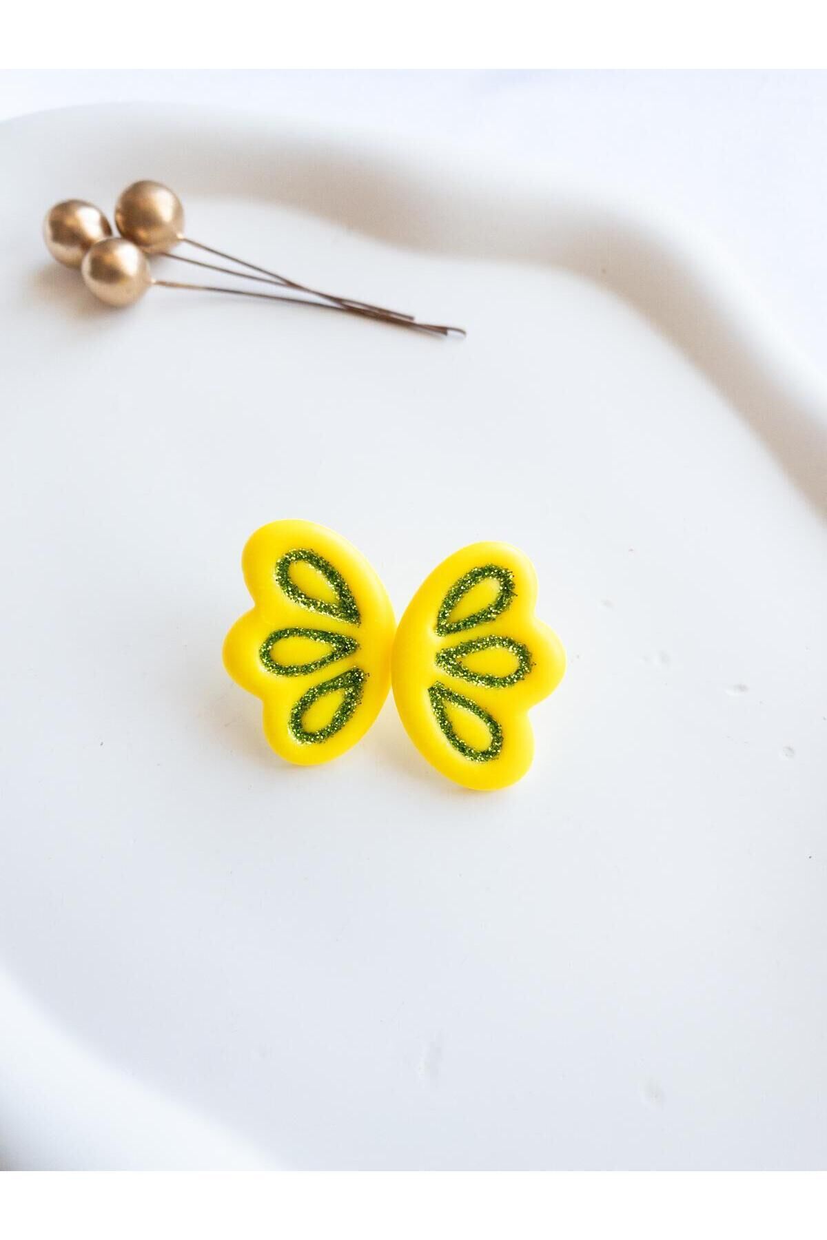 Sarı Kanat Küpe – El Yapımı Polimer Kil – Simli Yeşil Desenli Modern Küpe