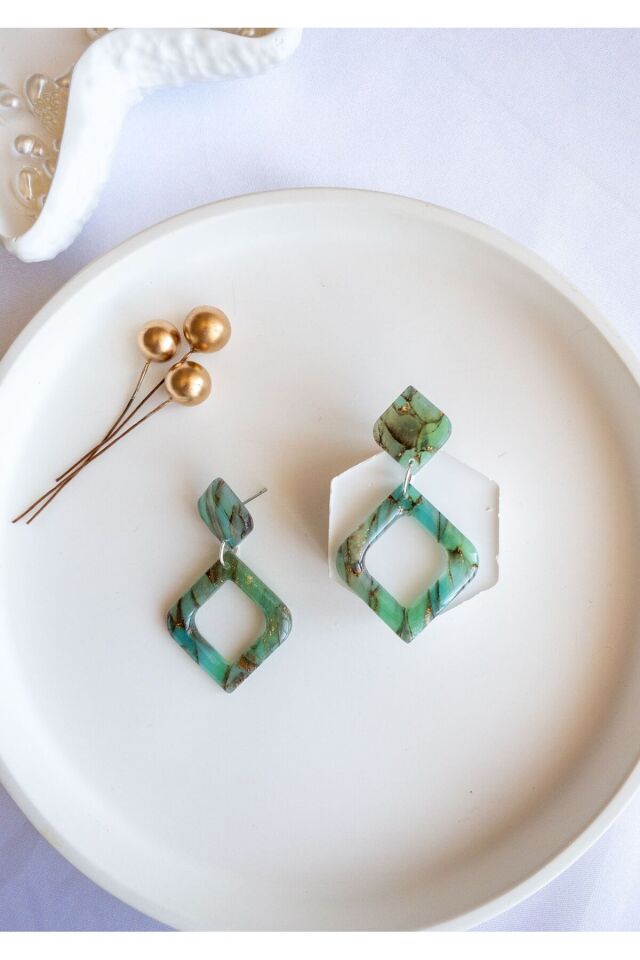 BeuBella Turkuaz Geometrik Küpe – Reçine Kaplama Transparan Polimer Kil – Çelik Antialerjik